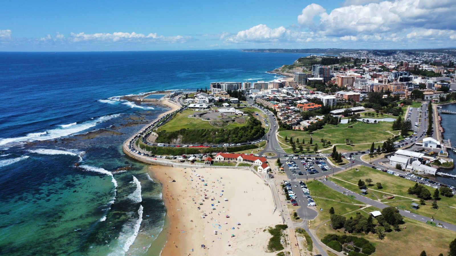 Aerial view of Newcastle beach, coast and city