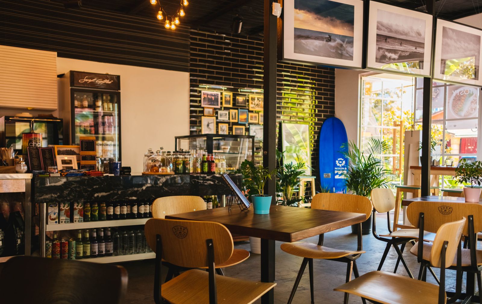 Interior of a warmly lit cafe